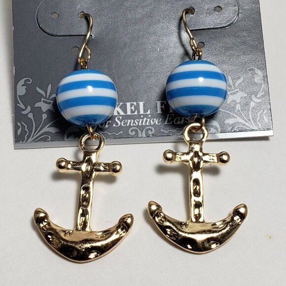 Women's Polished Gold tone Anchor White & Blue Beads Drop Dangle Earrings - Picture 3 of 7